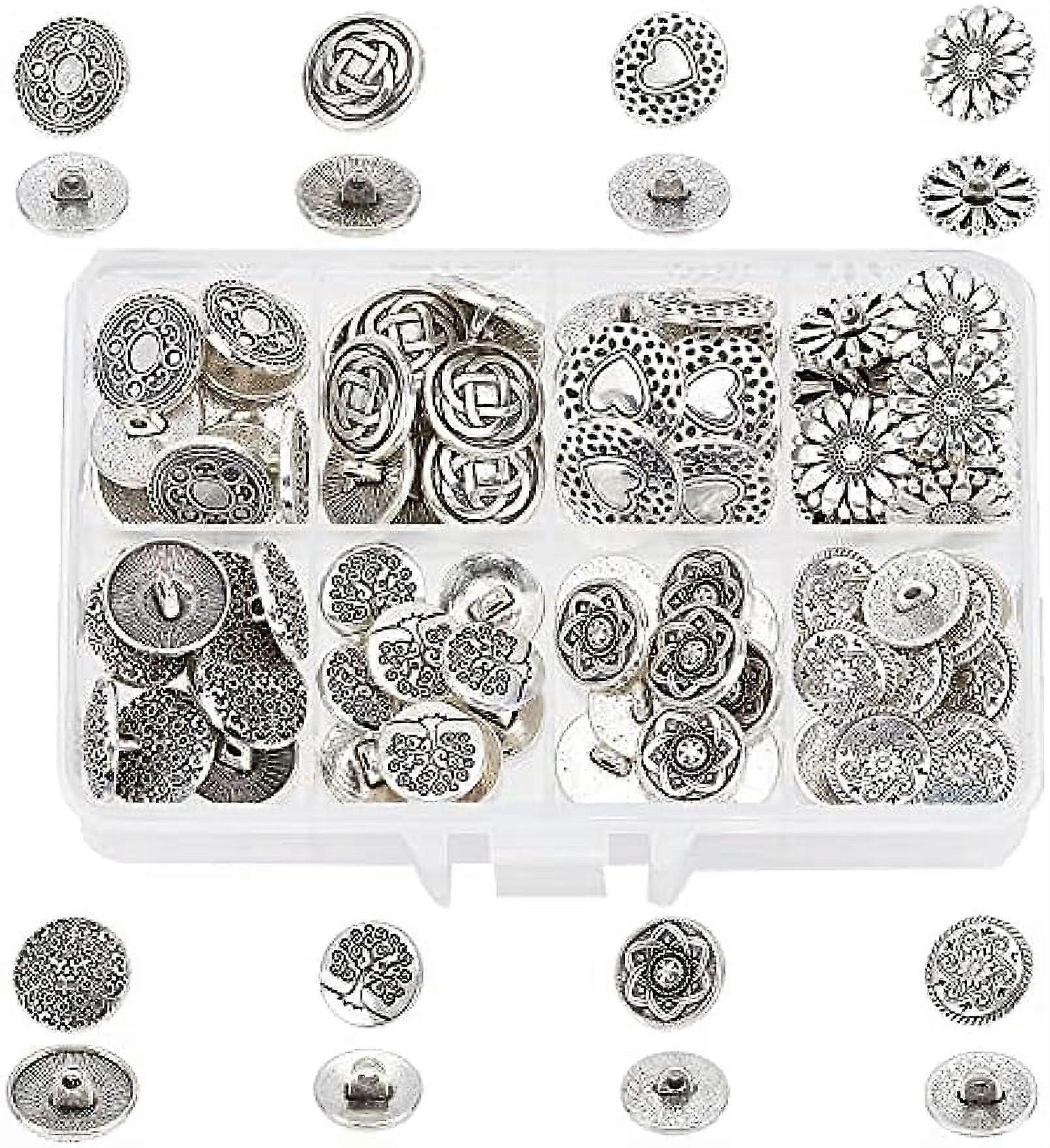 80pcs Metal Shank Buttons Engraved Metal Buttons Antique Silver Metal Buttons with Shank Retro
