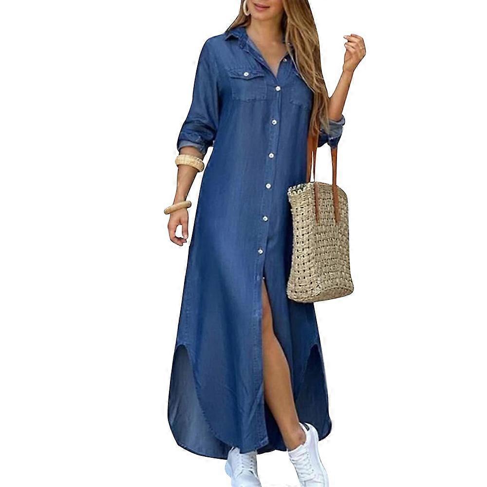 Maxi Abito Donna Floreale Bohémien Con Maniche 3/4 E Bottoni Anteriori - Arancione E Blu Taglia M