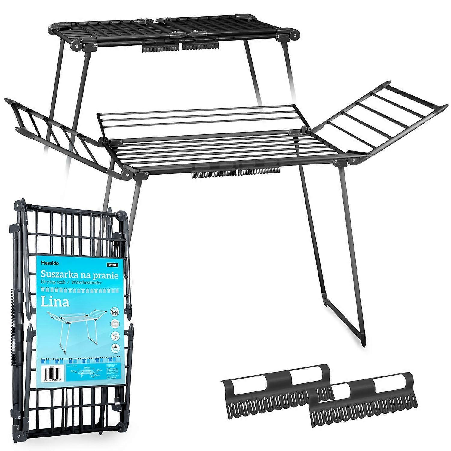 Foldable black drying rack with 22 meters of line