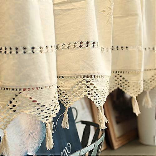 Tenda Da Cucina Corta In Cotone Boho Stile Bistrò – Ricamo Effetto Uncinetto – 150x60 Cm – Beige Semitrasparente