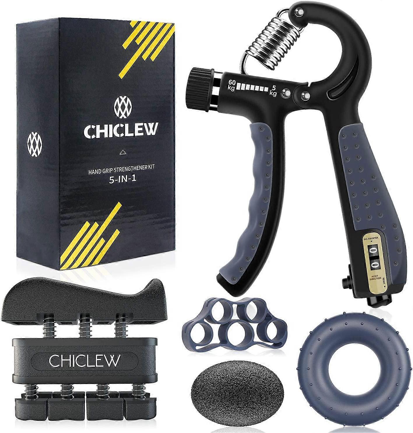 Hand Strength Kit of 5, Forearm Strength Training, Hand Gripper 5-60 kg Adjustable Count, Finger Exerciser, Finger Stretcher, Exercise Ring and Stress