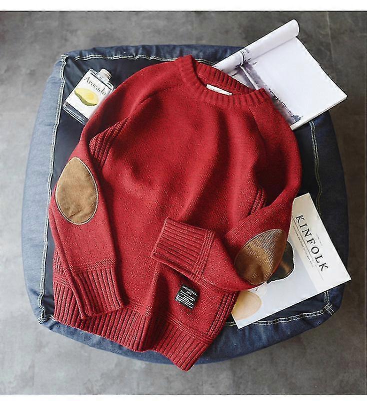 Erkekler Kış Kalın Tıknaz Örgü Uzun Kollu Kazak Vintage Dirsek Yama Sahte Yün Pullover Üst Katı Renk Rahat Gevşek Jumper Gömlek Streetwear