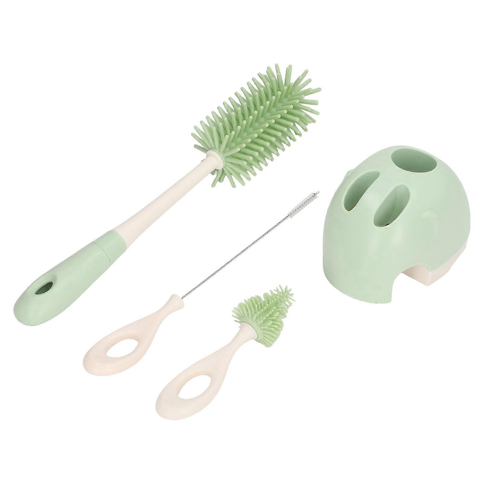 Baby Bottle Brush Set Ergonomic Handle Multipurpose Silicone Bottle Cleaning Brushes with Base for Nipple Straw Green Straight Handle