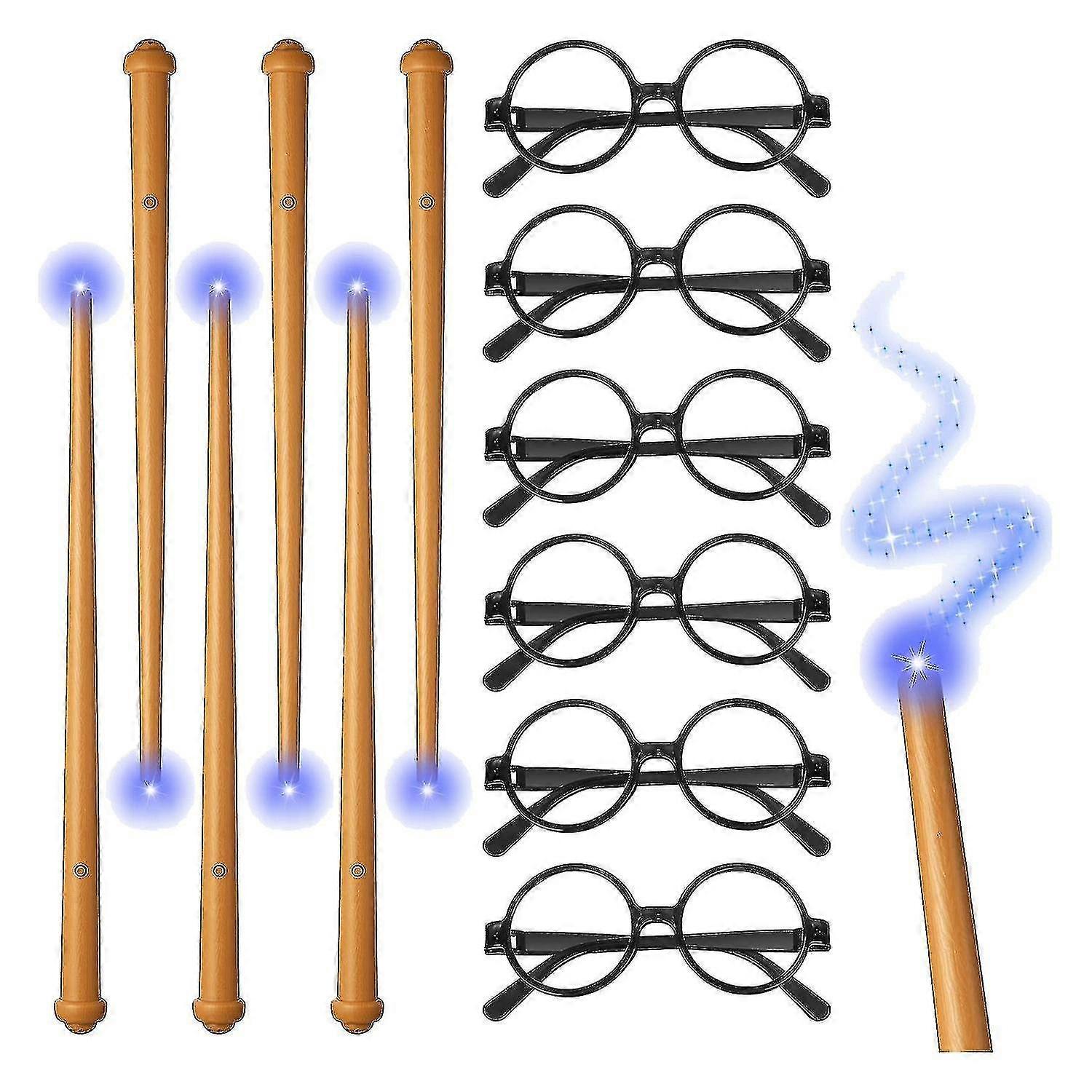 Wizard Party Supplies 6-Pack Light Up Wizard Wands and Glasses Set - Illuminating Sound Magic Witch Wands