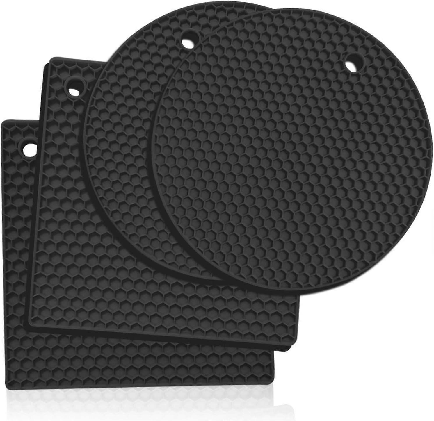 Set of 4 Round and Square Silicone Trivets, Silicone Trivet Mat, Heating Pad - Can Opener, Tongs, Garlic Peeler, Drying Mat, Coaster (Black)