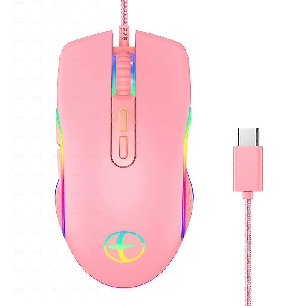 Cute Pink Braided Wired USB Mouse for w/Type-C for Computer Scroll Wheel Mice
