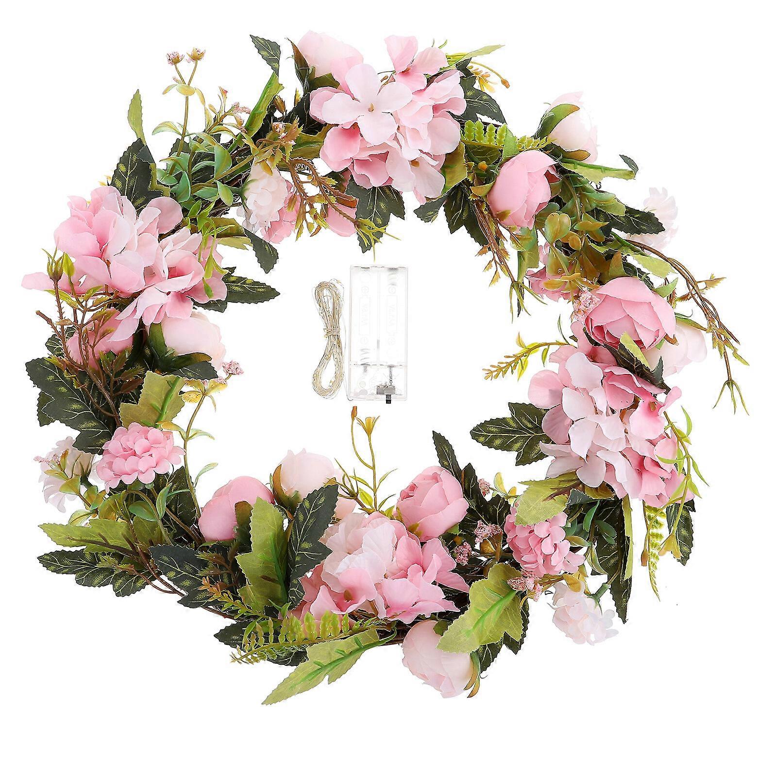 Artificial Flower Wreath Front Door Flower Wreath Hanging Summer Wreath with String Lights