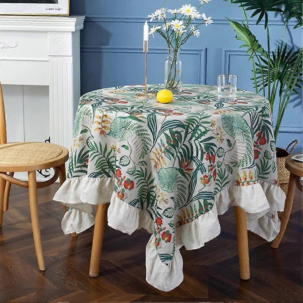 Vintage Leaf Pattern Tablecloth for Square Tables Farmhouse Rustic Ruffle Trim Table Cover for Kitchen Wedding Banquet Tabletop Use (Leaf, Diameter 71