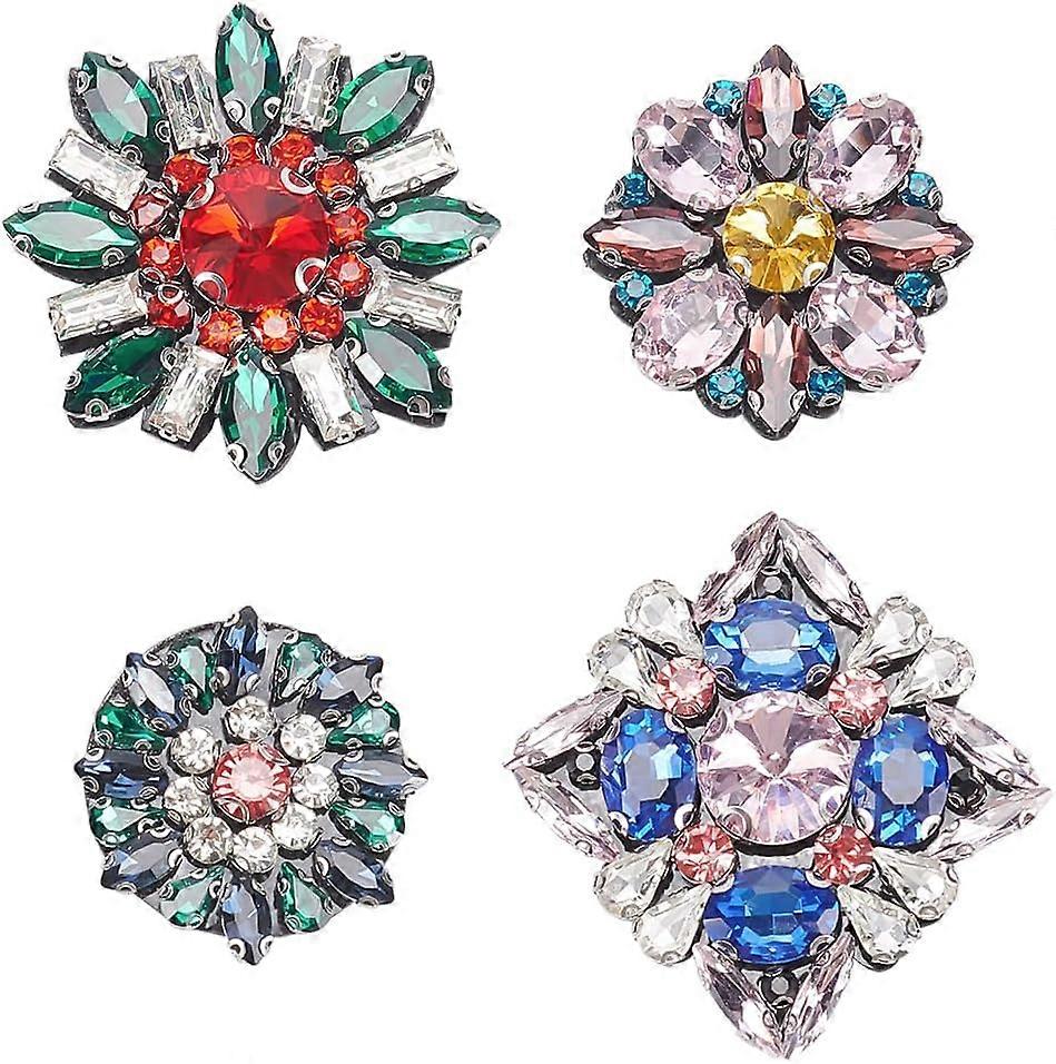 4 Style Floral Crystal Rhinestone Applique Round Rhinestone Patch Rectangular Crystal Embellishments Sew On Patches Floral Diamond Patches DIY