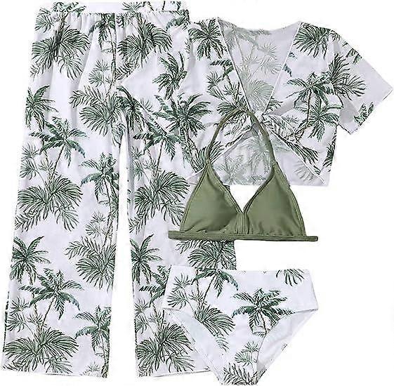 Girl's 4 Piece Swimsuits Tropical Print Halter Bikini Set Bathing Suits