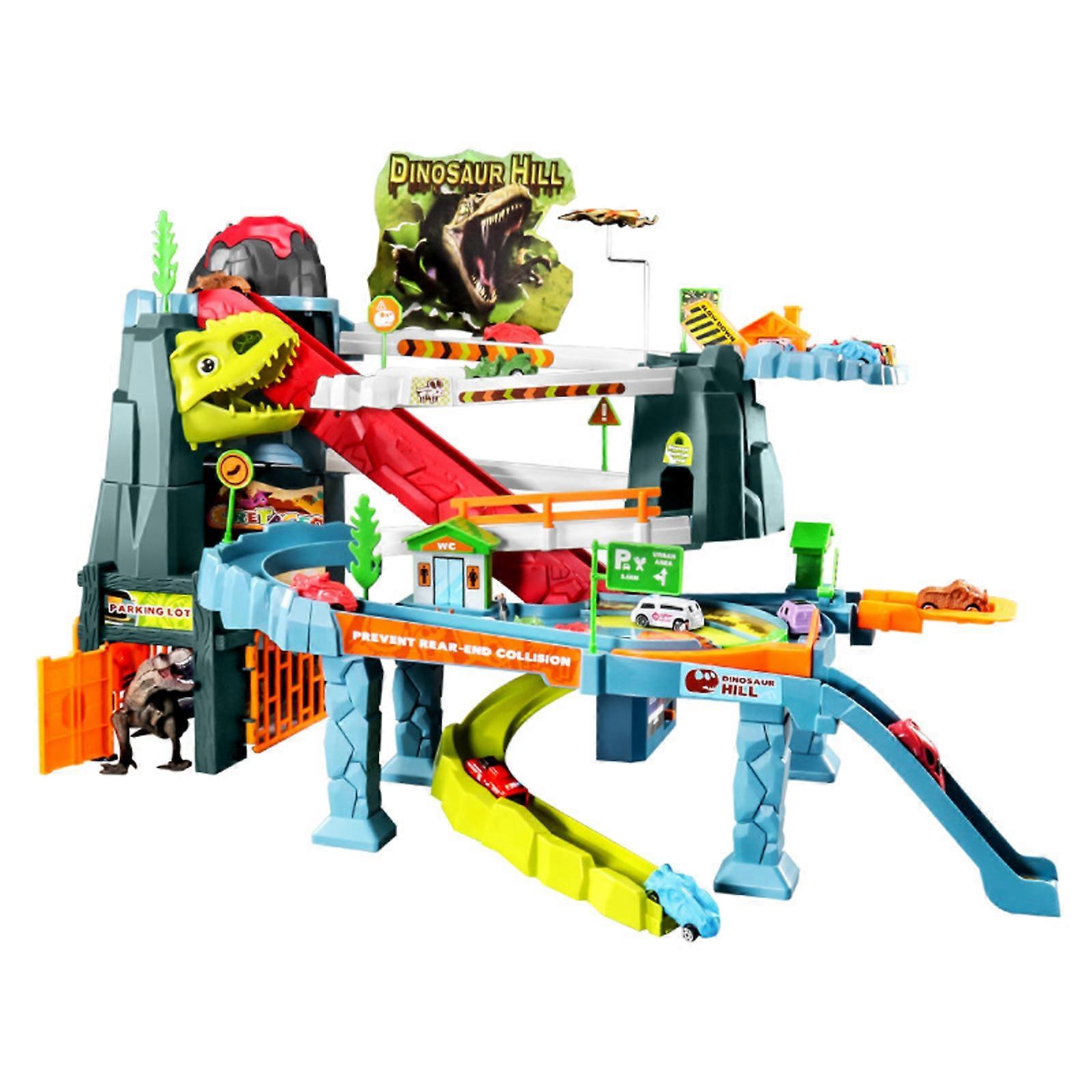 ديناصور لعبة منحدر سباق السيارات مضمار اللعب للأطفال مع سيارات ديناصور صغيرة وسيارات متسابق صغيرة ومسارات كهربائية ورذاذ ماء بركان واقعي مع 