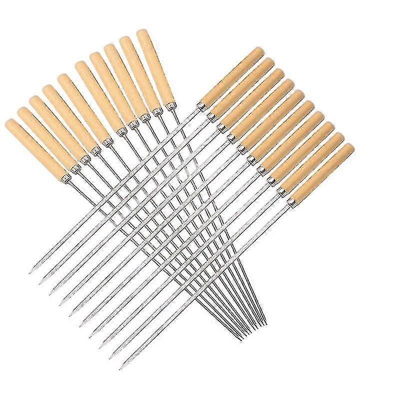 20x Bbq Skewers Reusable Stainless Steel Metal Skewers, Wooden Handle Anti-scald Barbecue Skewers