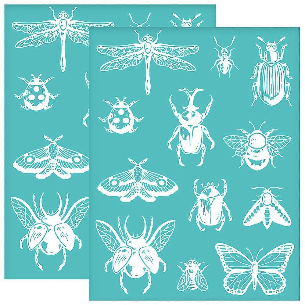 Conjunto de 2 estênceis autoadesivos para serigrafia, ideais para pintura em madeira, camisetas e tecidos, com estampa de insetos turquesa (280x220mm).