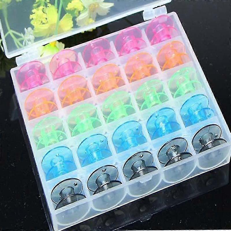 25pcs/set Empty Bobbins Sewing Machine Spools Colorful Plastic Case Storage Box