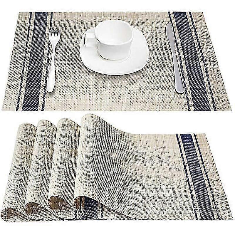 4pcs Placemat Blue Solid Color Pvc Mat Plain Horizontal Stripe Table Mat