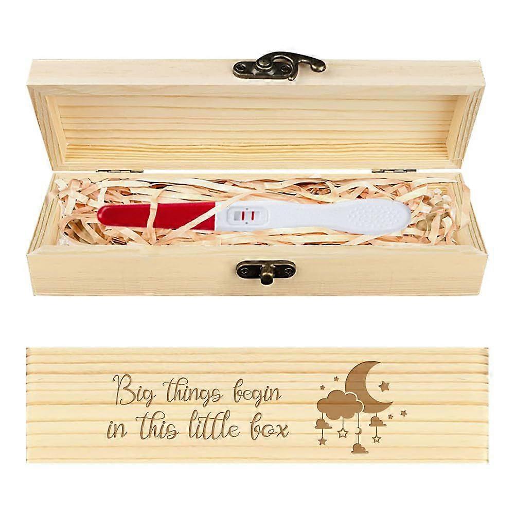 Pregnancy Test Keepsake Box Moon Wooden Pregnancy Announcement Gifts Box with Raffia Ribbon and Lock Announcement Gifts for Dad Husband 8x2x1.2inch