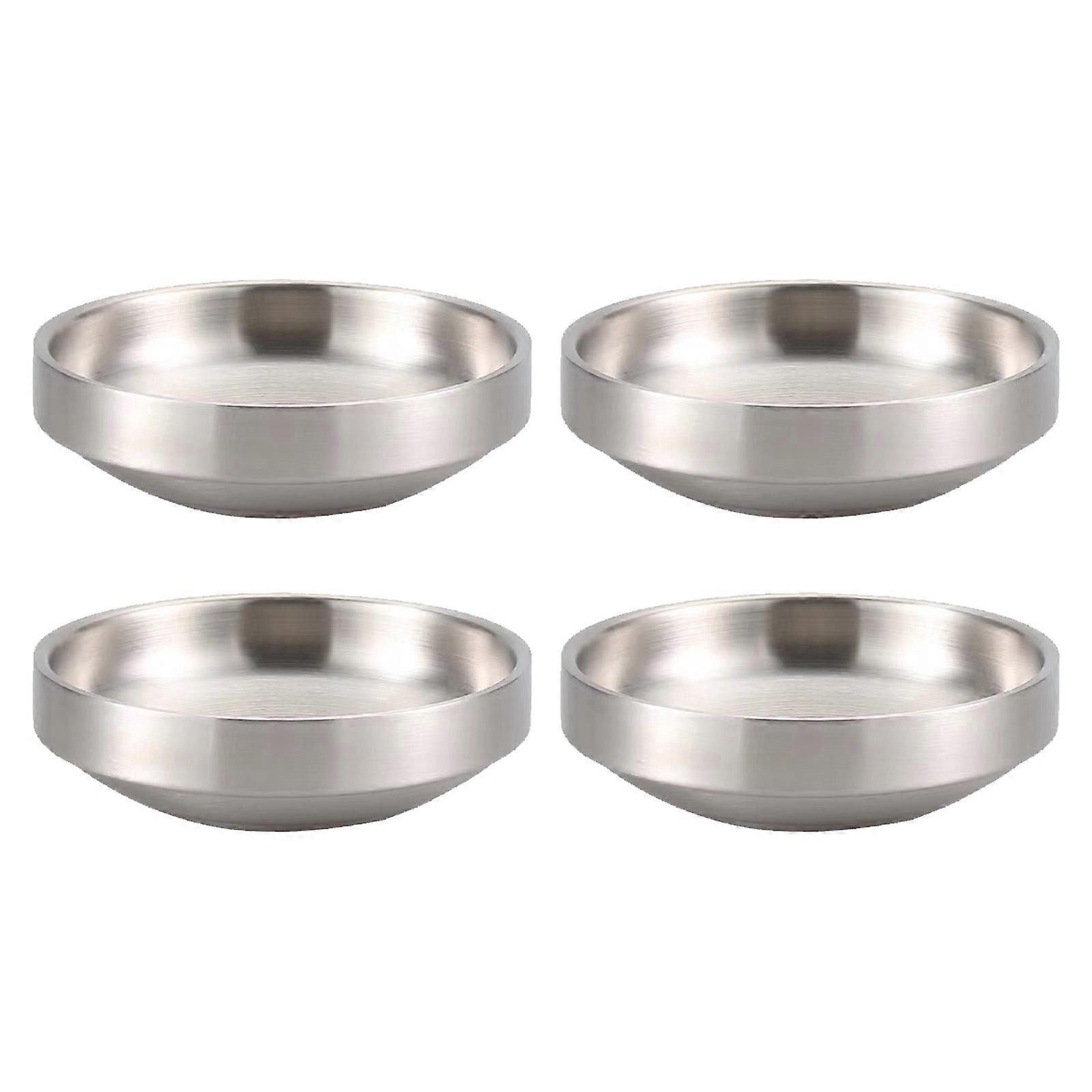 4Pcs Piatto Rotondo Doppio Strato Salsa Condimento Ciotola Immersione Piccolo Piatto Antipasto Acciaio Inox Piatti di Condimento XL