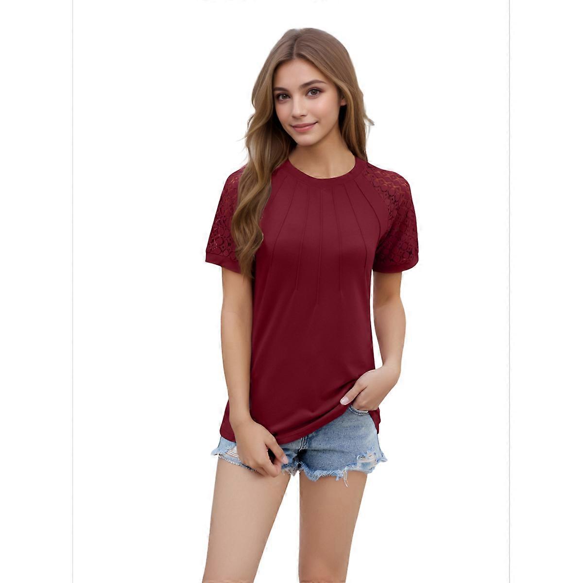 Womens Lace Short Sleeve Business Tee Shirts Wine Red XL