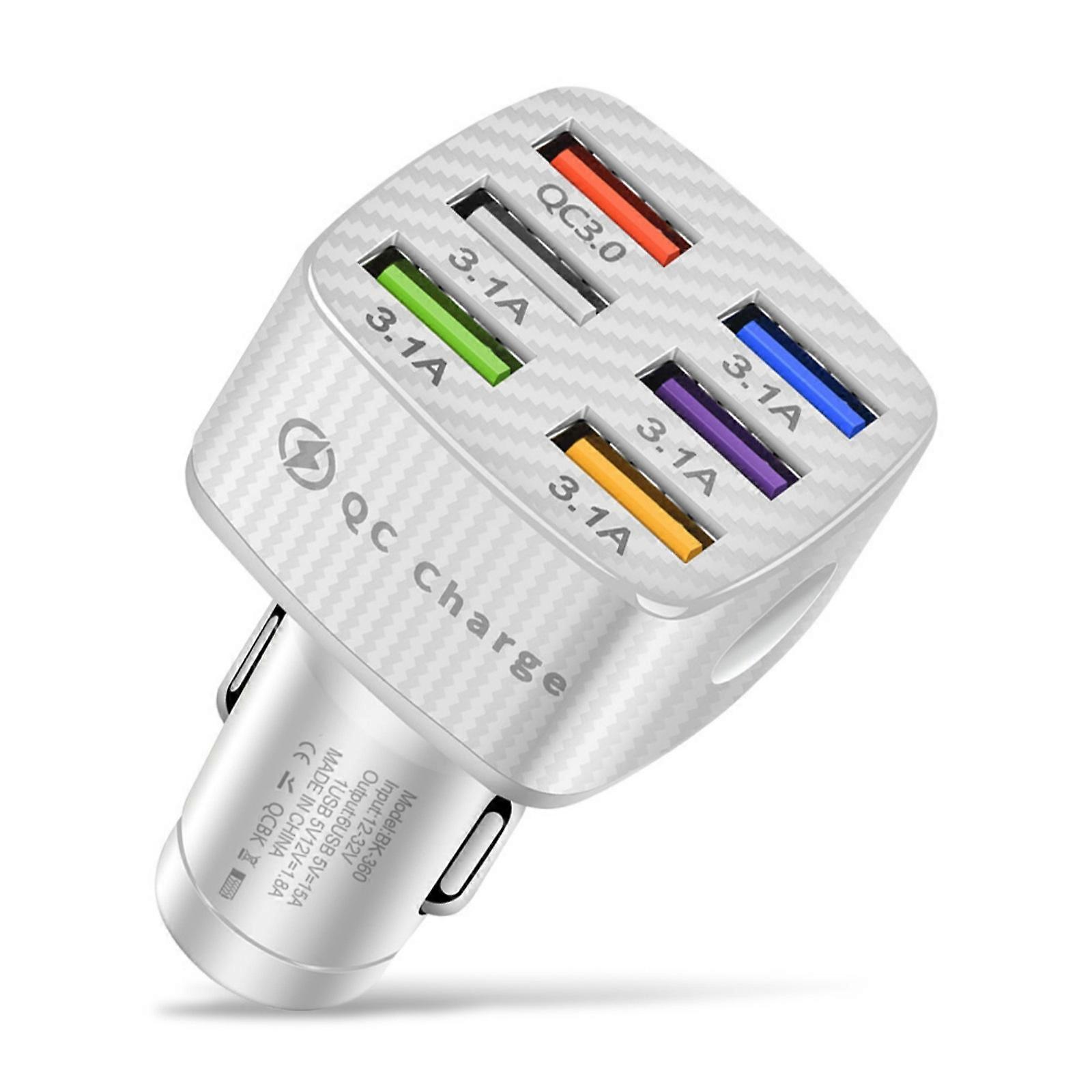 6 Port USB Quick Charging Car Charger QC3.0 30W Adapter for Cigarettes Lighter Ensures Fast Charging White