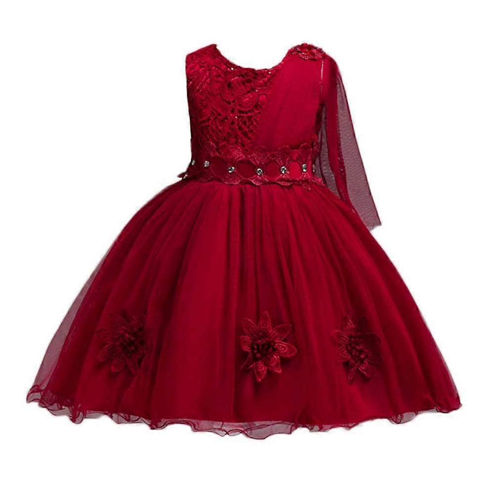 فستان أطفال صيفي فستان زفاف للأطفال كبير القوس شبكة تنورة الفتيات فستان أحمر عنابي 140 سم