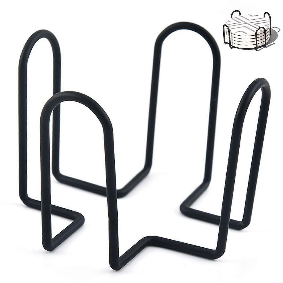 Black iron metal coaster holder for round and square coasters, holds multiple sizes and types, four post wrought iron style