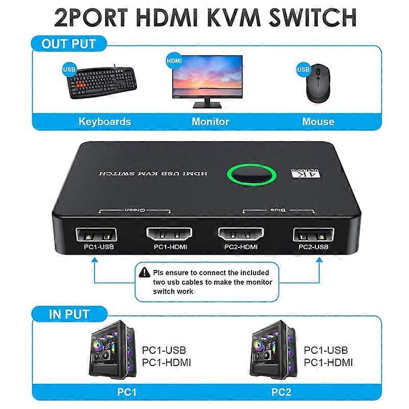 KVM-switch 2-portboks USB- og -kompatibel switch til 2 computere Del tastatur Mus Printer og Til