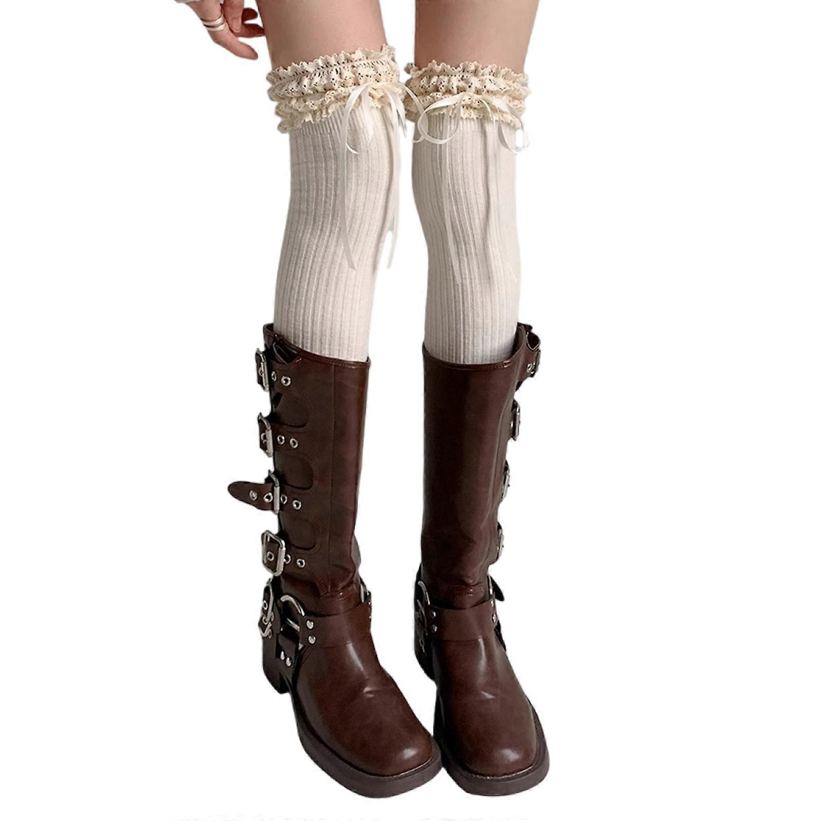 נשים יפנית סטודנט כותנה מעל הברך גרביים קפלים תחרה למעלה מתוק פפיון ירך גבוה גרביים מחממי רגליים גרביים לבן