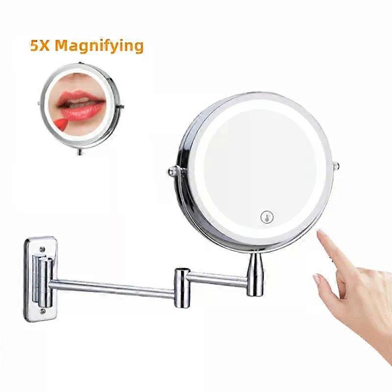 Wall Mounted Folding Arm Extend Bathroom Mirror With LED Light 10X Magnification Double Side Touch Dimming Makeup Mirrors