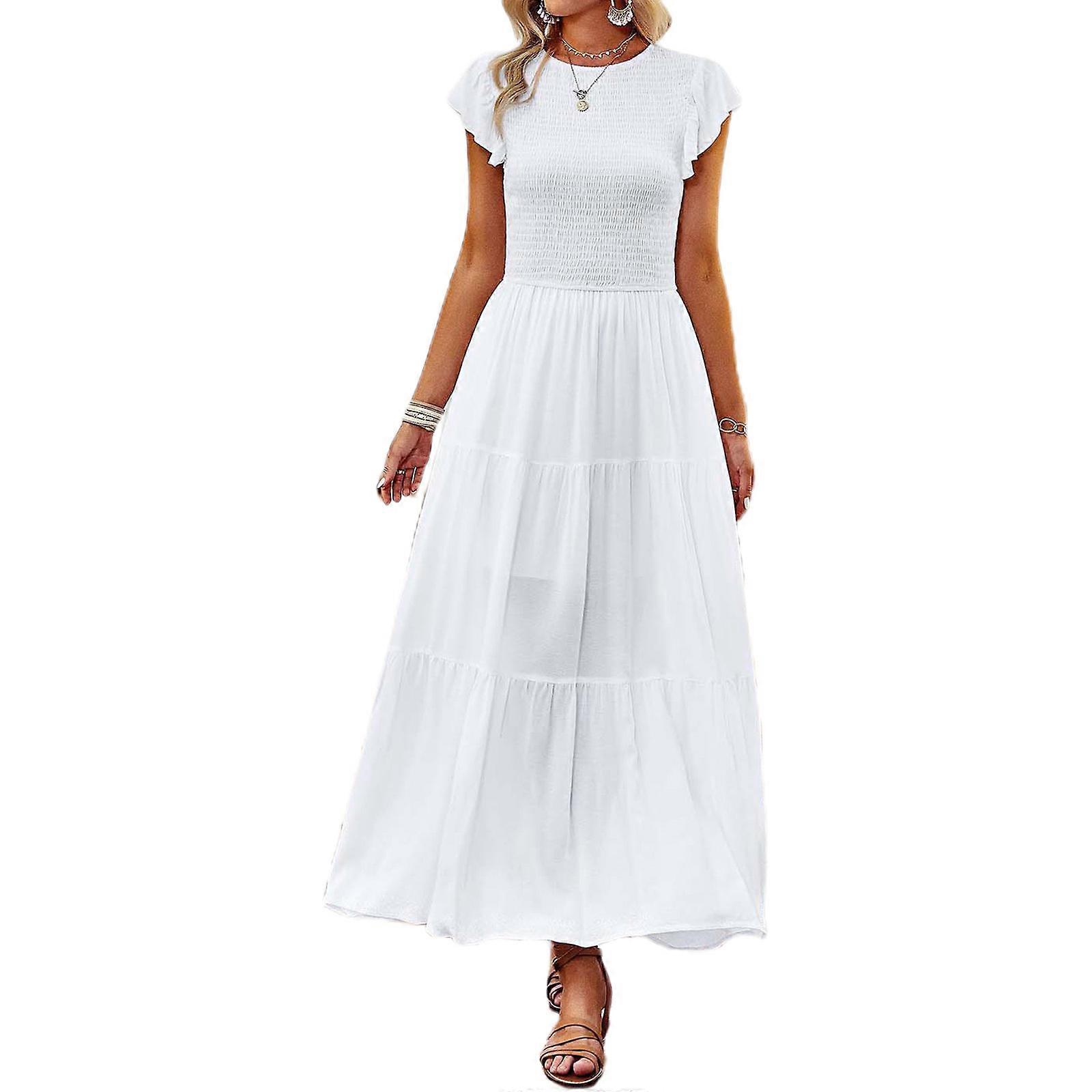 Summer Casual Style Long Dress High Waist Female Vacation Ruffle Sleeve A-line Long Dress for Wedding Guest Wear  White XL