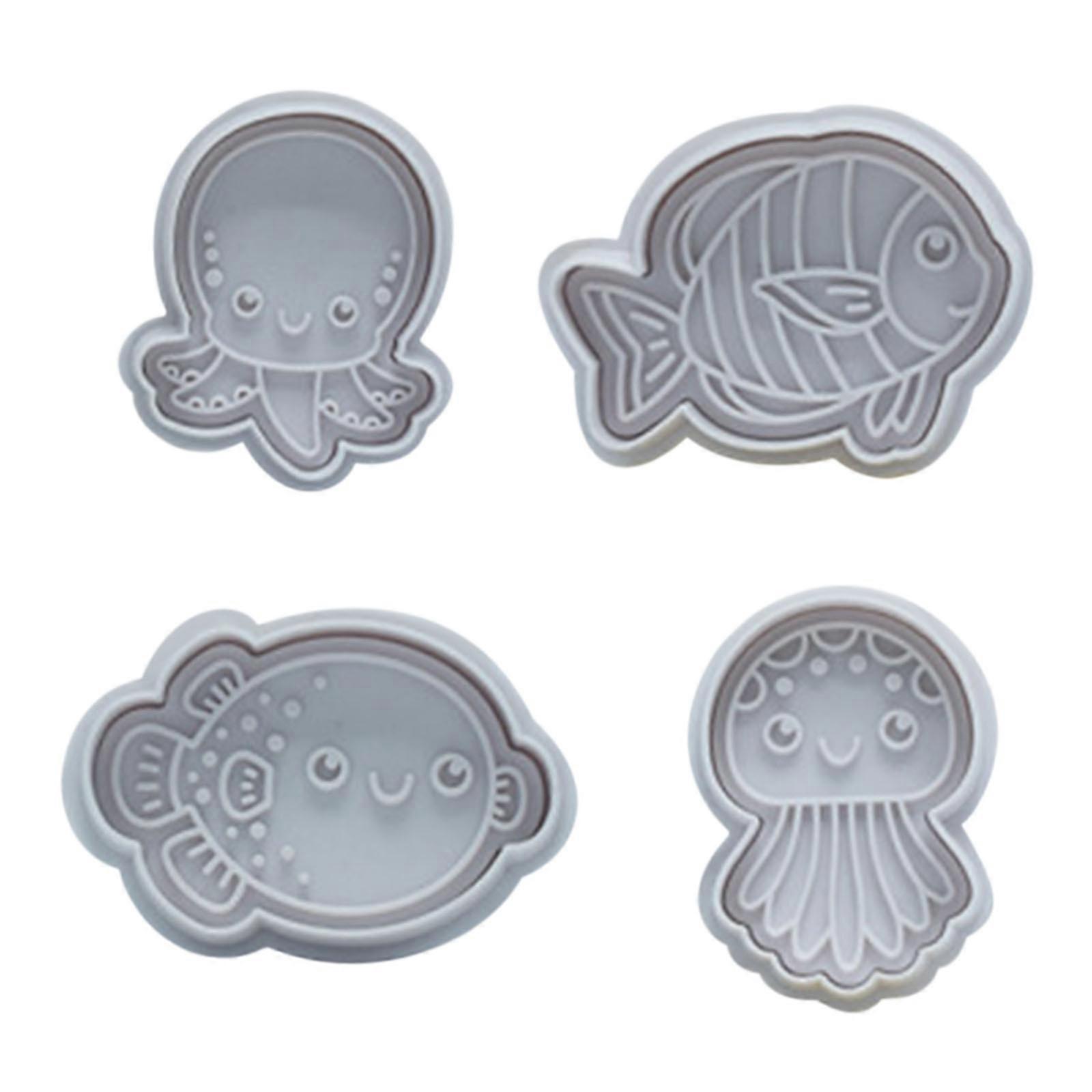 4-delt sæt cookie fondant stempler havdyr cookie mold DIY bagesæt køkkenbageartikler let at rengøre AA