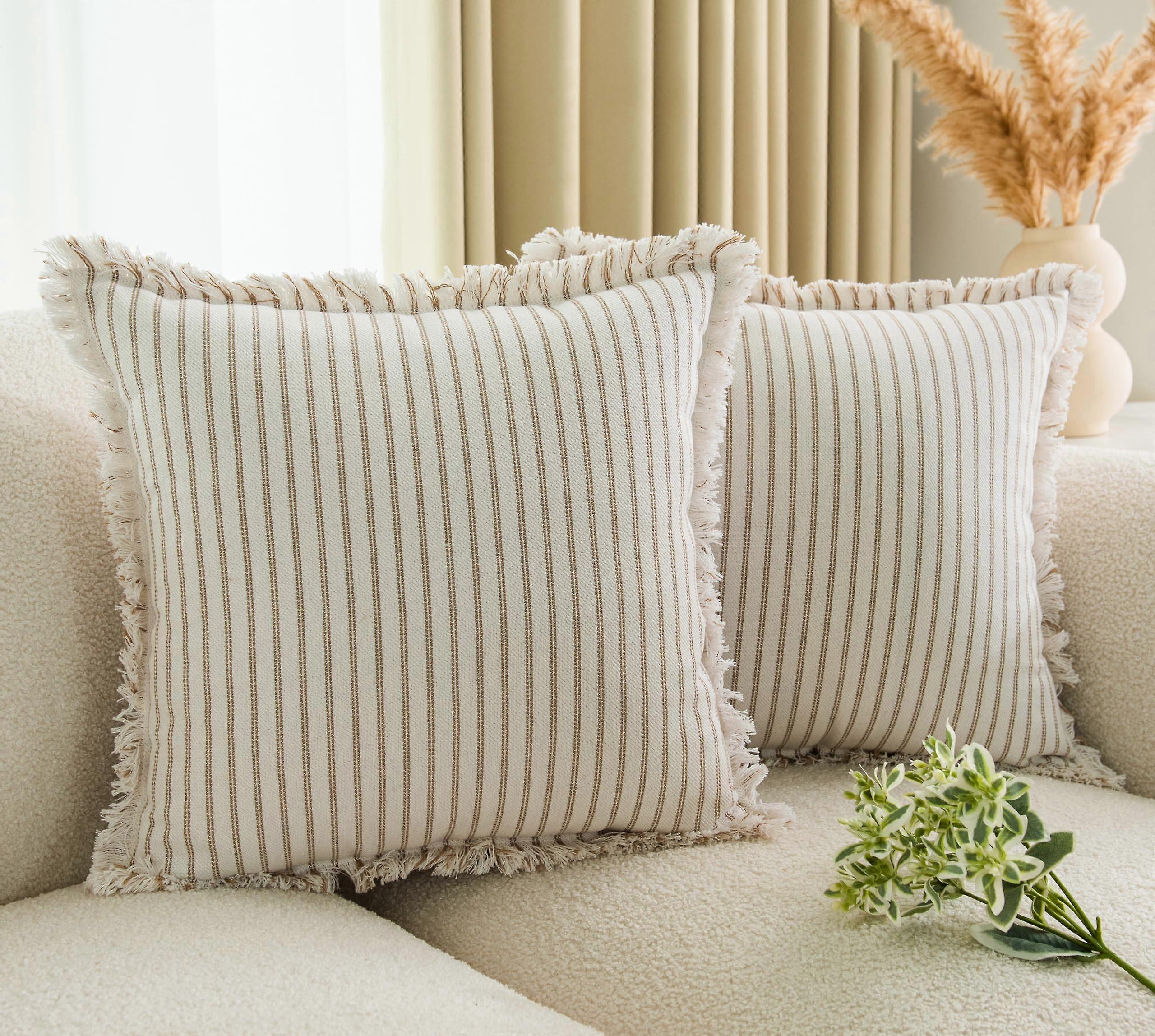 2 Set Chic Khaki Striped Throw Pillow Covers for Sofa Couch Decor 20 x 20 Inch