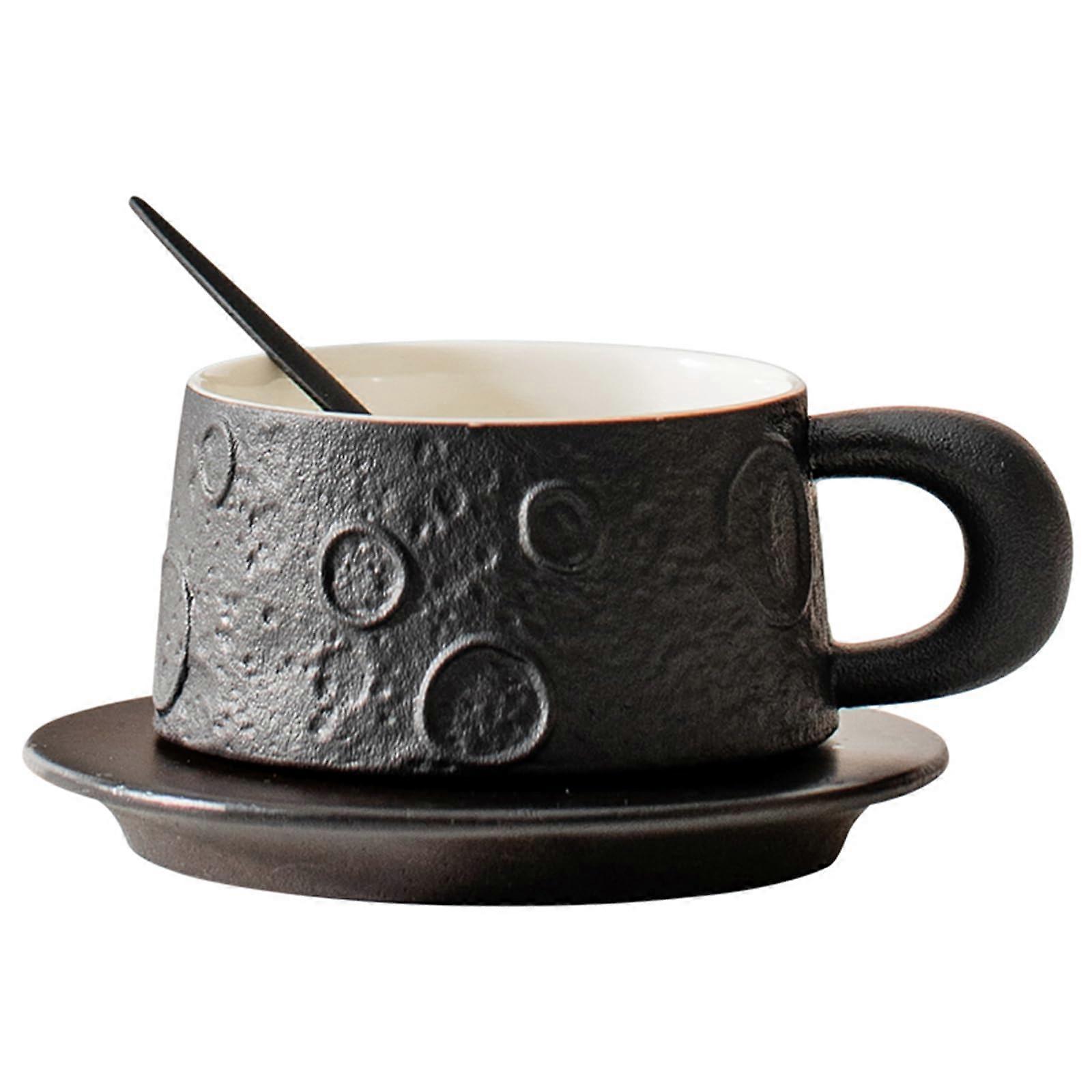 Moon Planet Cup Matte Ceramic Mug Set With Meteorite Relief, 6.7 oz Includes Saucer For Cappuccino Espresso Latte