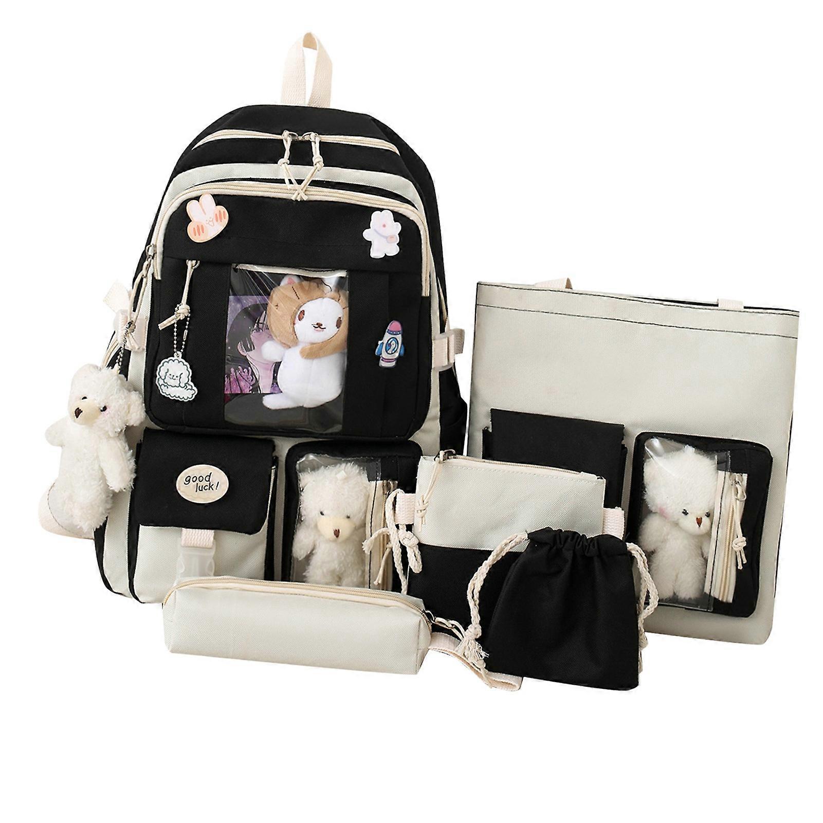 5pcs Black Nylon Student Backpack Set with Messenger Bag & Pencil Case