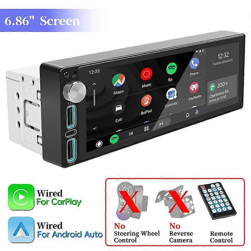 Hippcron Autoradio Stereo 1DIN 12V Multimedia Player Digital Bluetooth Carplay Android Auto Typ-c