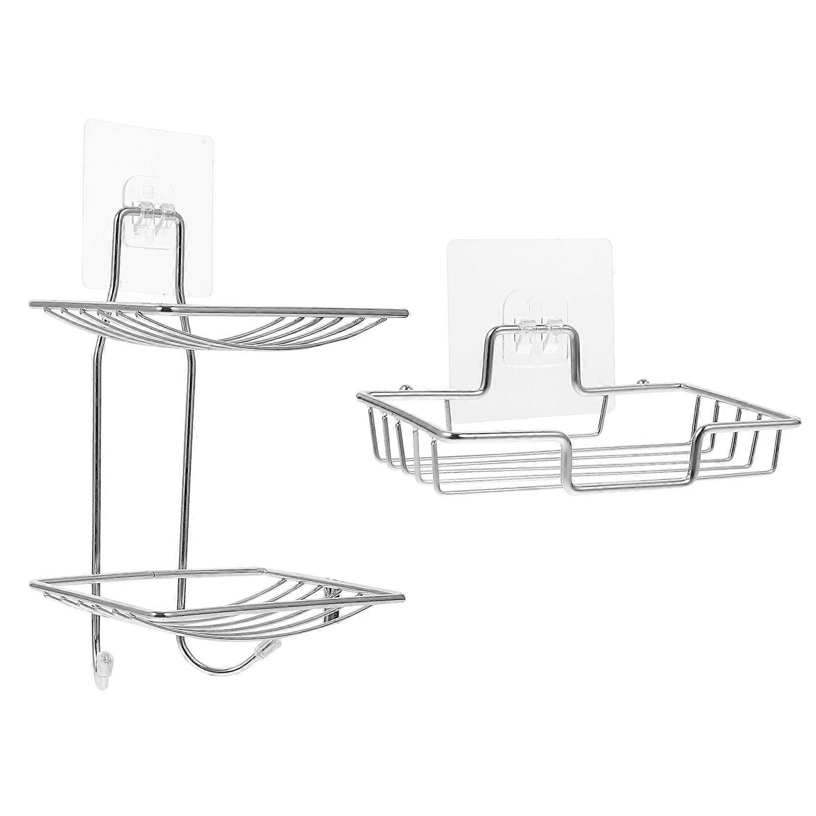 حامل صابون مثبت على الحائط تصريف طبقات مزدوجة فضي 21X12.7 سم اكسسوارات الحمام 2 قطعة