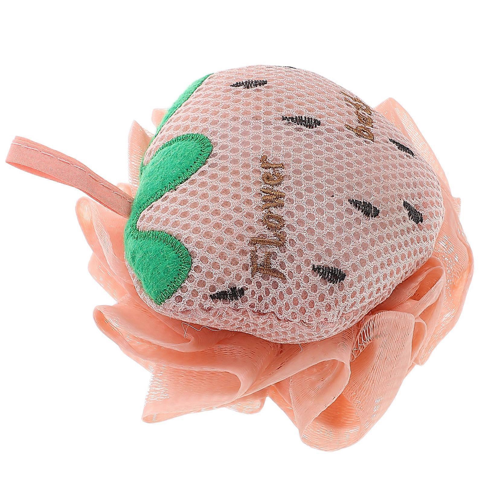Exfoliating Body Sponge Strawberry Shaped Bath Sponge Pink Color Double Sided Mesh Pouf Shower Ball for Bathing Routine 1Pcs