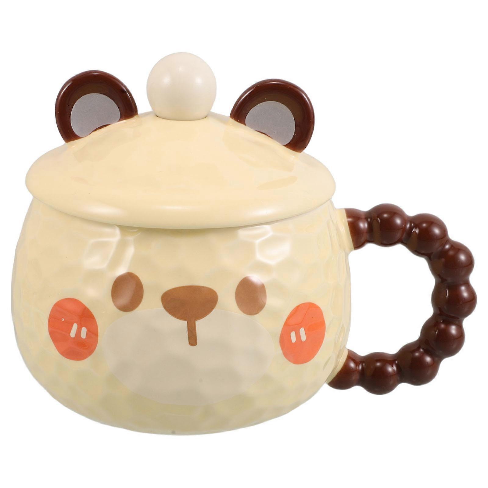 Ceramic Mug With Spoon Coffee Cup For Daily Use Light Yellow Round Design 1Set