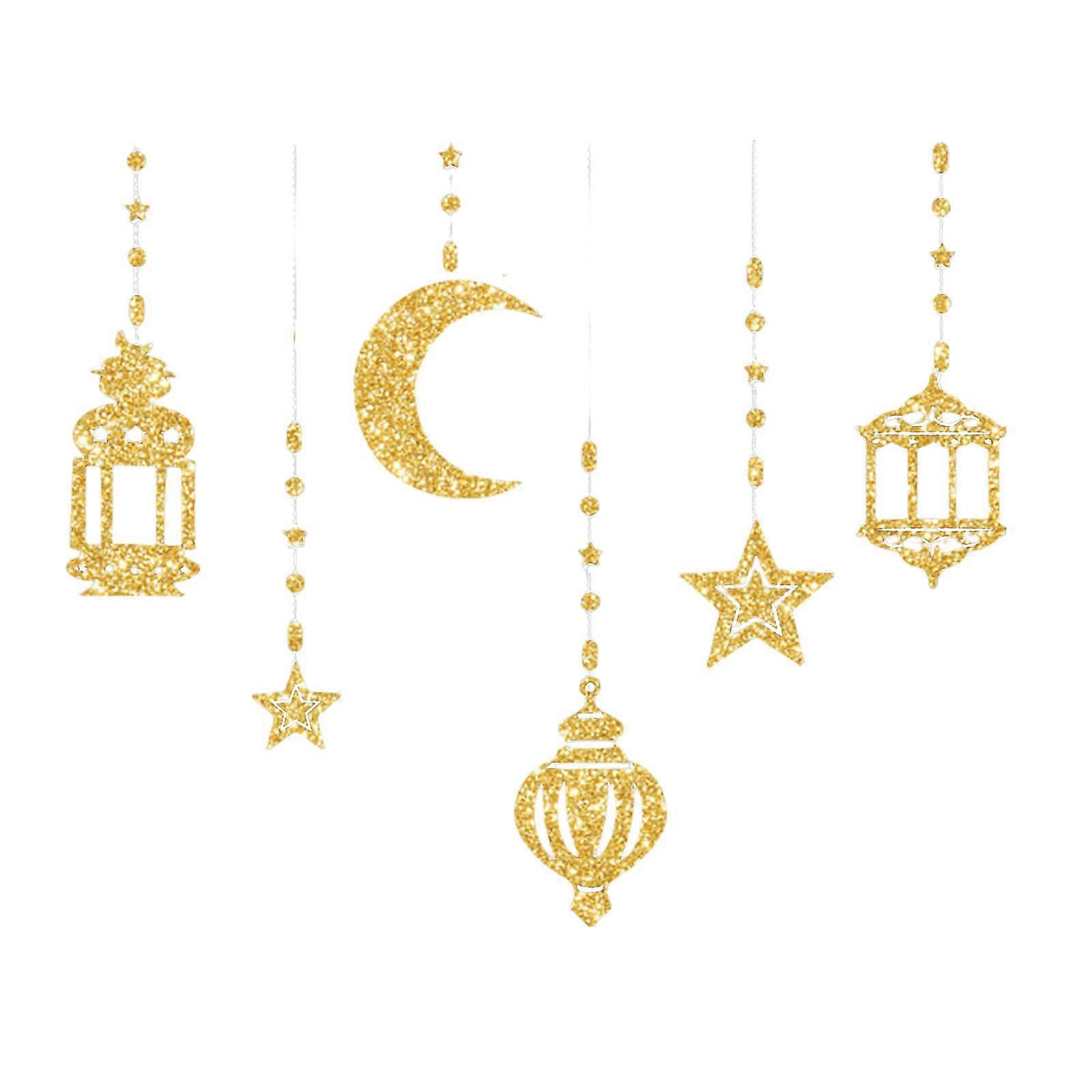 Eid Ramadan Hanging Garland Decorations Set, Colorful Star Moon Glitter Streamers Banner Ornaments, 6 Pieces