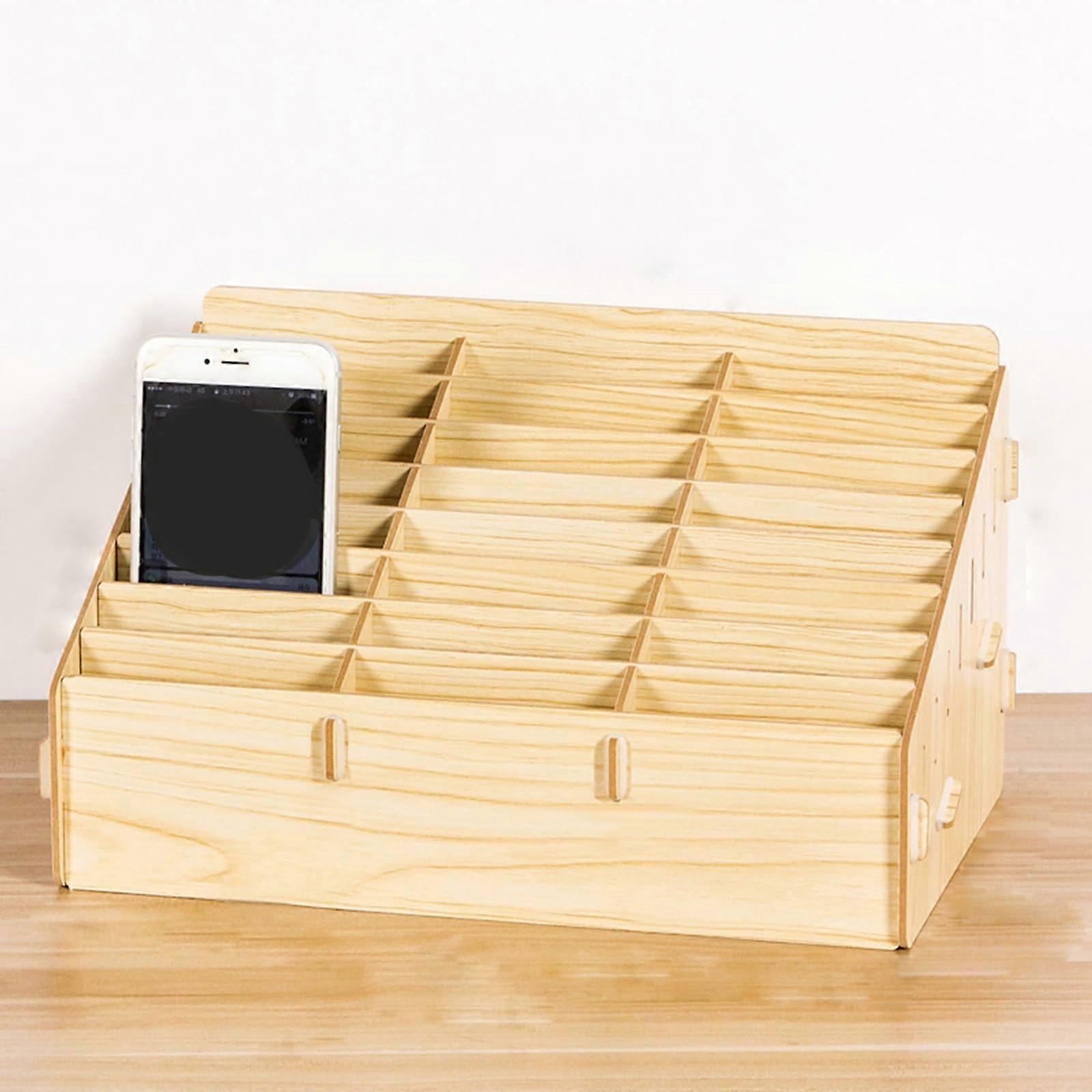 Wooden Storage Box for Mobile Phones, 12/16/18/24 Grid, Desktop Organizer, Office & School, Yellow, 30x22x17 Cm