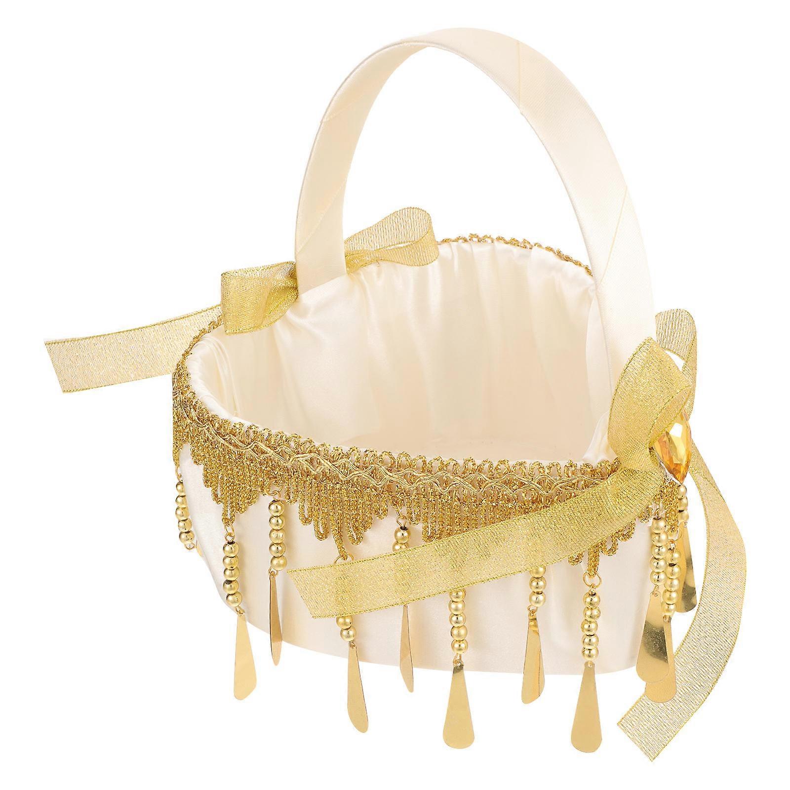 Rustic Golden Rattan Flower Girl Basket with Handle for Wedding Ceremonies 1 Piece