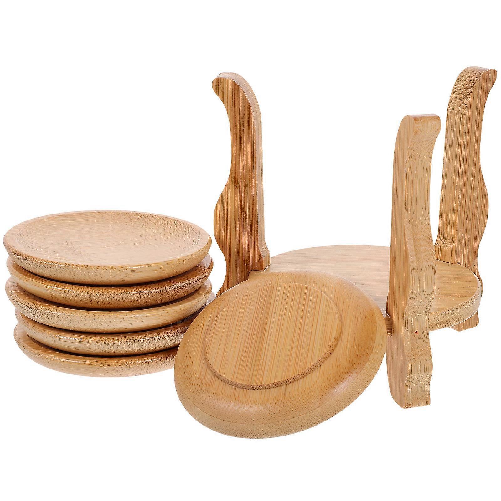 1 Set Bamboo Round Coaster with Holder for Coffee Table Beverage Drinks