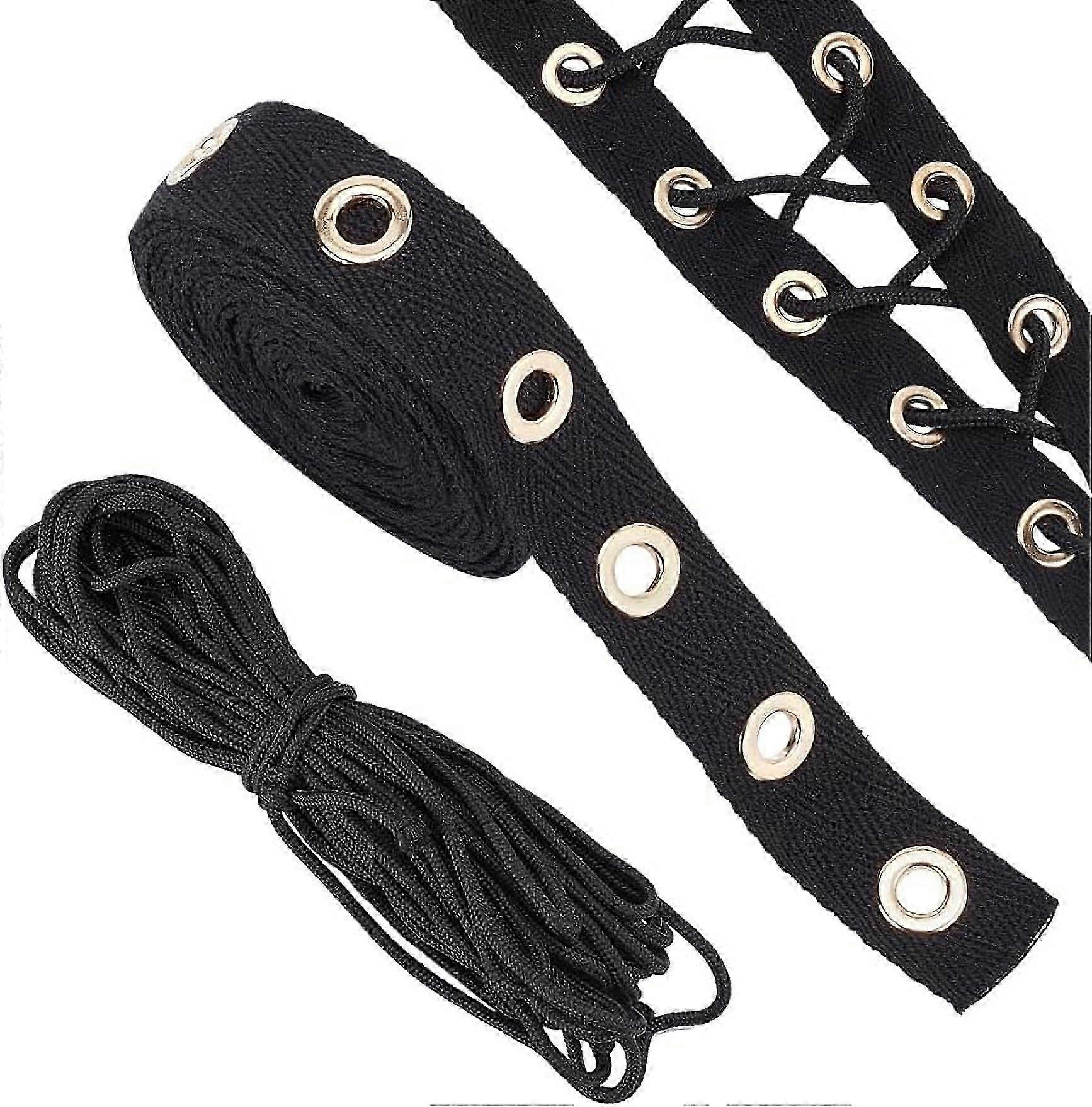 3Yards Cotton Grommet Eyelet Twill Tape Trim Black Grommet Twill Tape with 1 Strand of Round Polyester Braided Cord