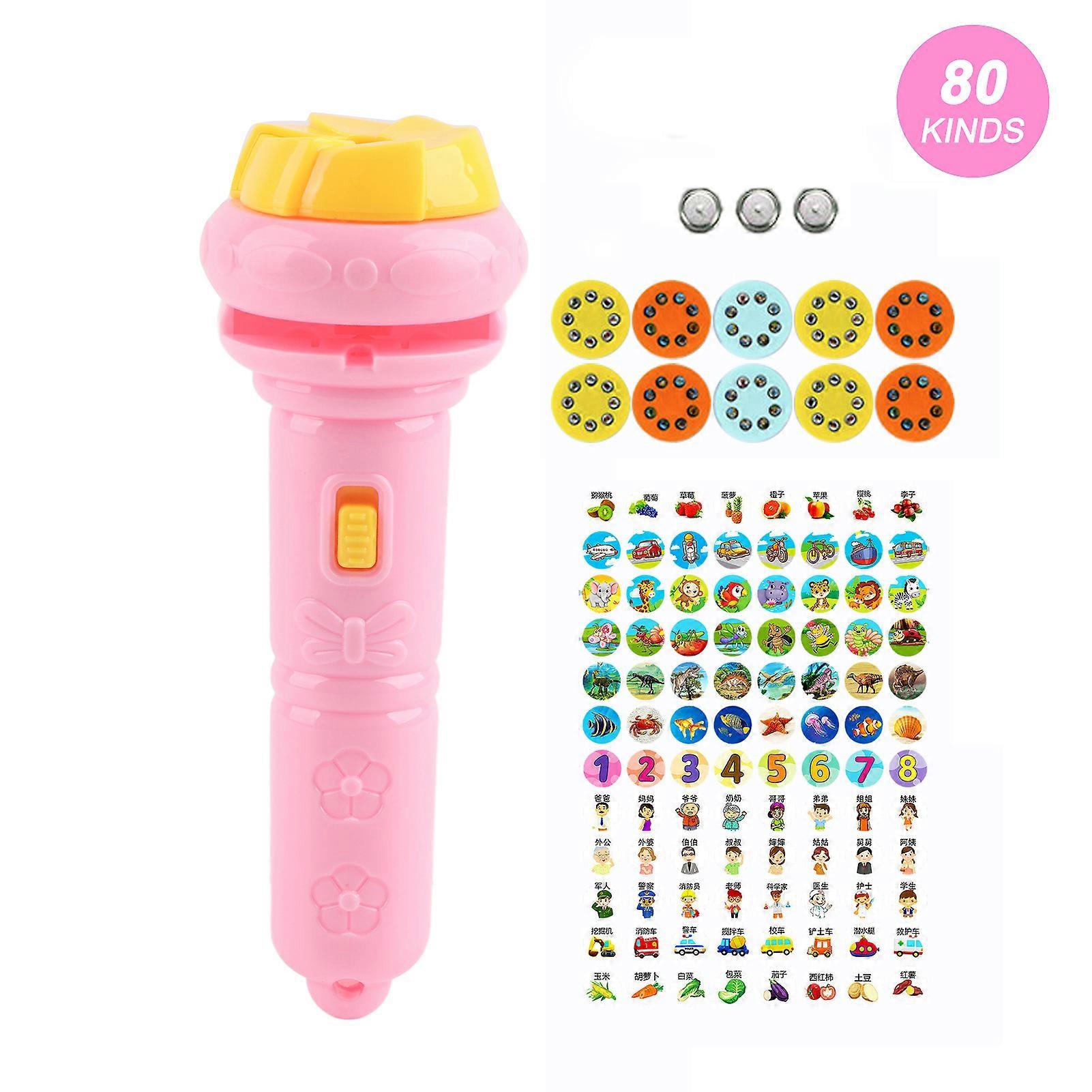 Kids Projector Flashlight Different Animal Patterns Early Educational Science Projector Luminous ToyPink(80 Patterns)