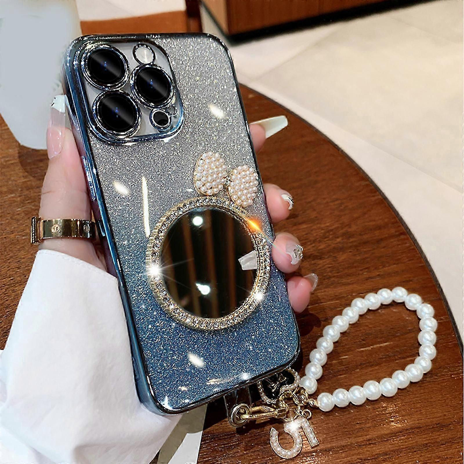 Moda İnci Kelebek Makyaj Ayna Kılıfı iPhone 15 Pro Max/ 15 Ultra, Kız Kadınlar için Yumuşak Sevimli Kılıf Telefon Kapağı