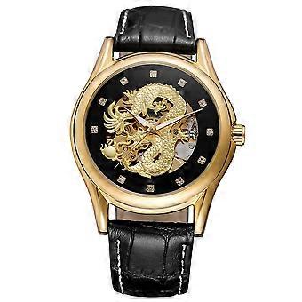 FORSINING Men Hollow Mechanical Waterproof Watch Wristwatch (Black Dial Gold Case Black Strap)