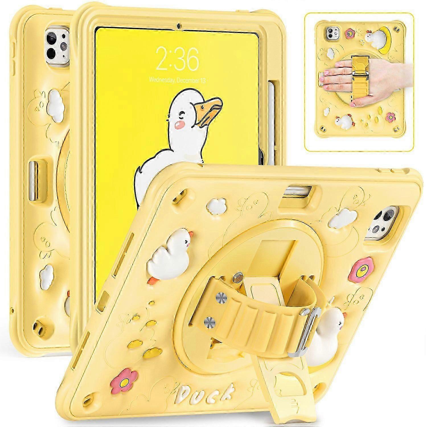 For iPad Pro 11 (2024) Case Duck Pattern Hand Strap Kickstand PC+Silicone+TPU Tablet Cover