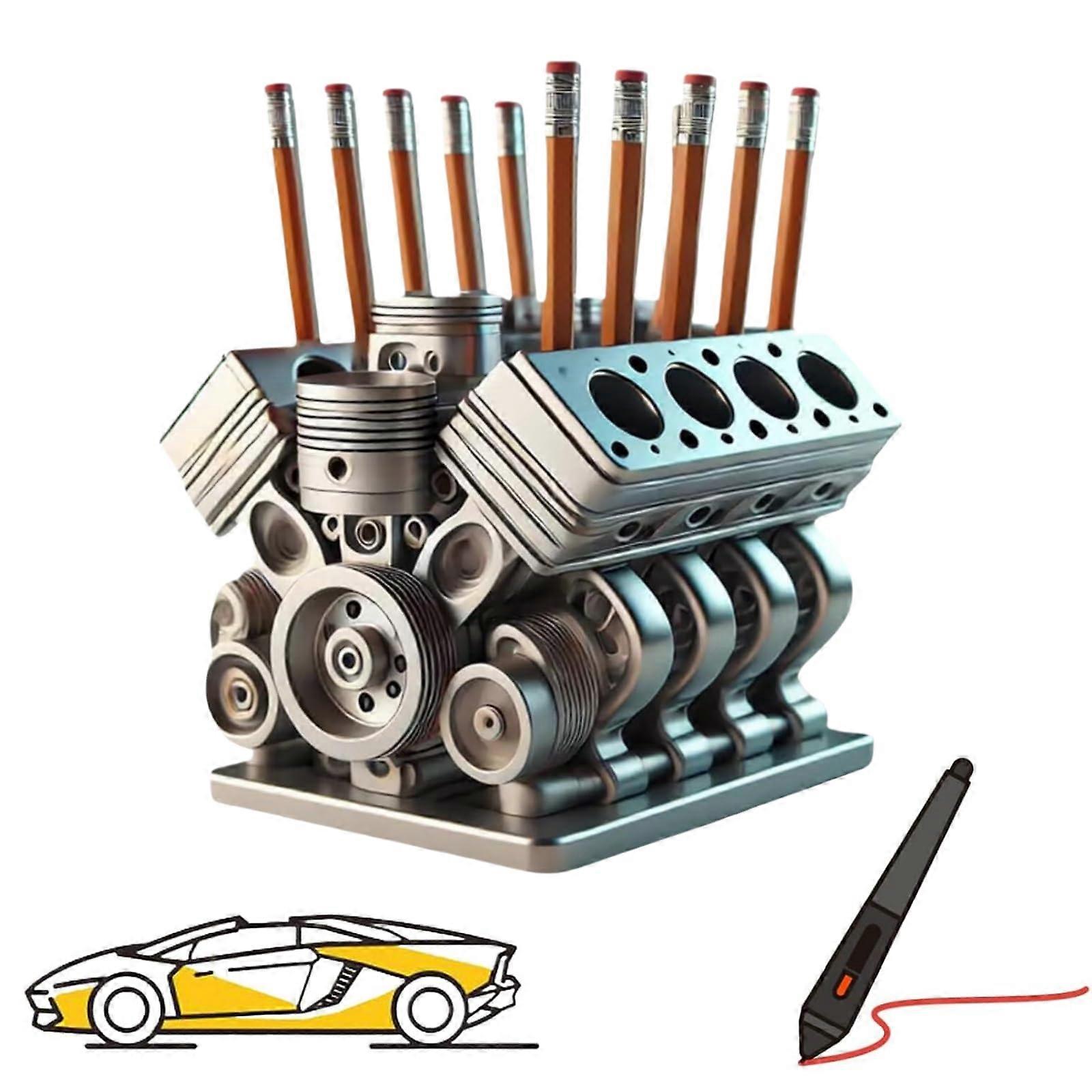 Stifthalter mit V8-Motor, V8-Autoblock-Bleistifthalter, Schreibtisch-Dekor-Geschenk für Mechaniker, Auto-Enthusiasten (B)