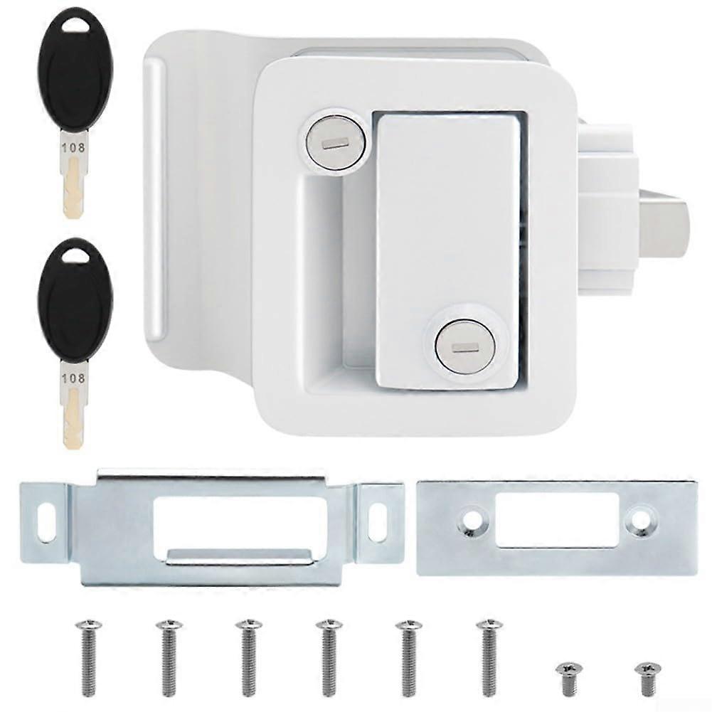Outdoor camping trailer door lock with thickened structure provides double protection and features a builtin latch function (white).