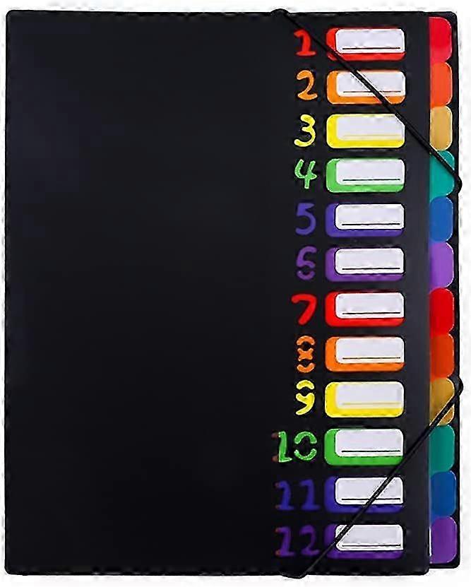 Expanding File Folder File Organizer : 12th floor A4 Size, Plastic Rainbow Lining Colored Filing Folder Designed for Home Office School,Black Cov