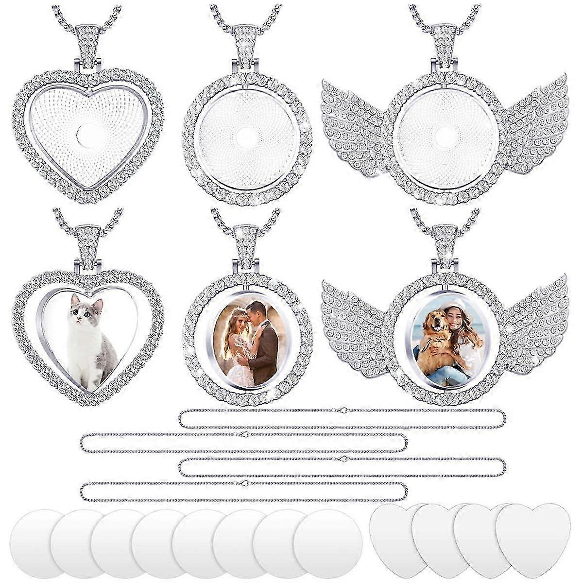 24Pcs Sublimation Rhinestone Trays Pendant Set, 6 Blank Bezel Trays, 6 Pcs Chains with 12 Discs, Mixed Style